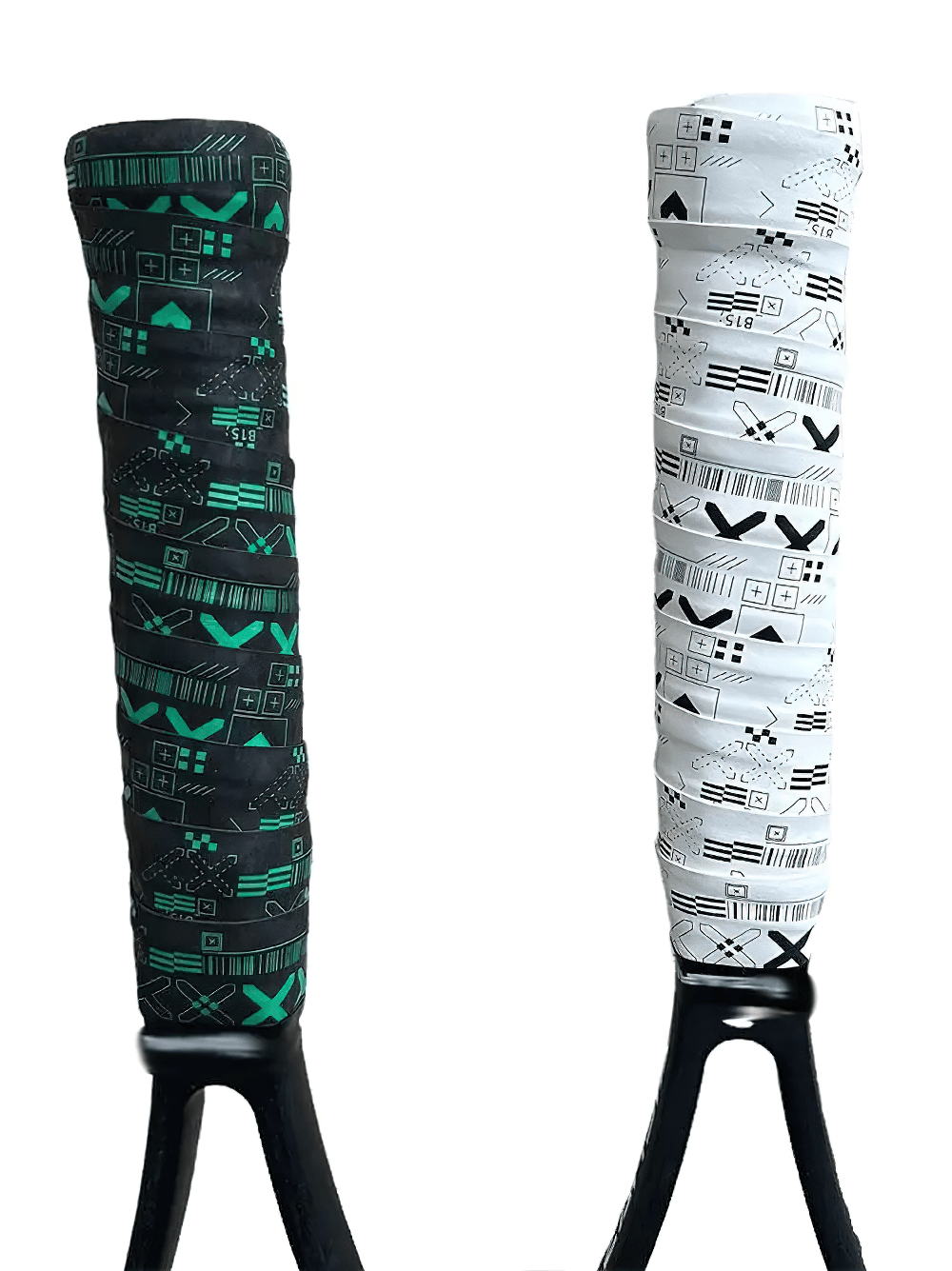 Black and white Sweat-Absorbing Anti-Slip Tennis Racket Grip Tape - SF3482 on handles, ideal for secure play and moisture control.